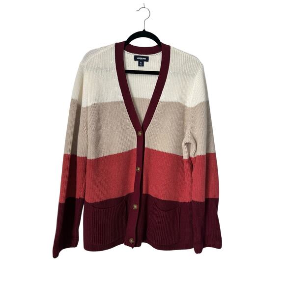 Lands End Drifter Sweater Size XL Striped Colorblock Cardigan Chunky Cable Knit - Picture 1 of 11